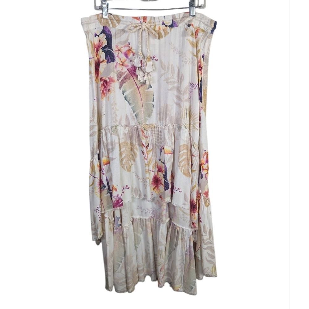 Z & L Cream Multi Tropical Leaf Floral Toucan Bird Tassel Hi-Lo Skirt Womens M - Picture 2 of 9